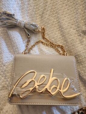 Beige Bebe Chain Crossbody Bag with Gold Script Accent